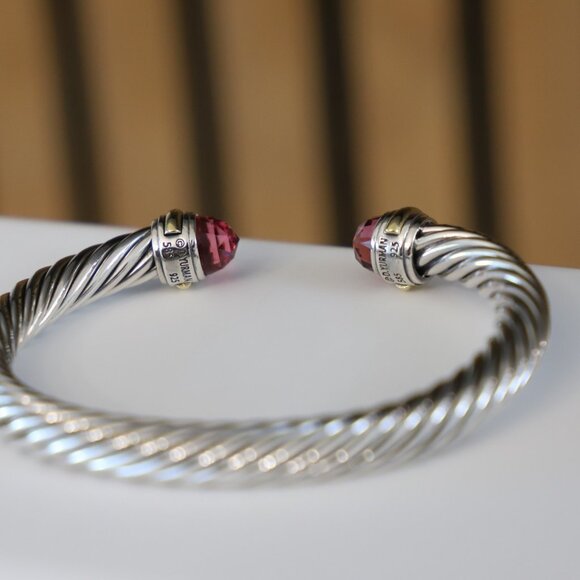 David Yurman Sterling Silver 7mm Cable Bracelet Tourmaline & 14k Gold Medium - Picture 6 of 6